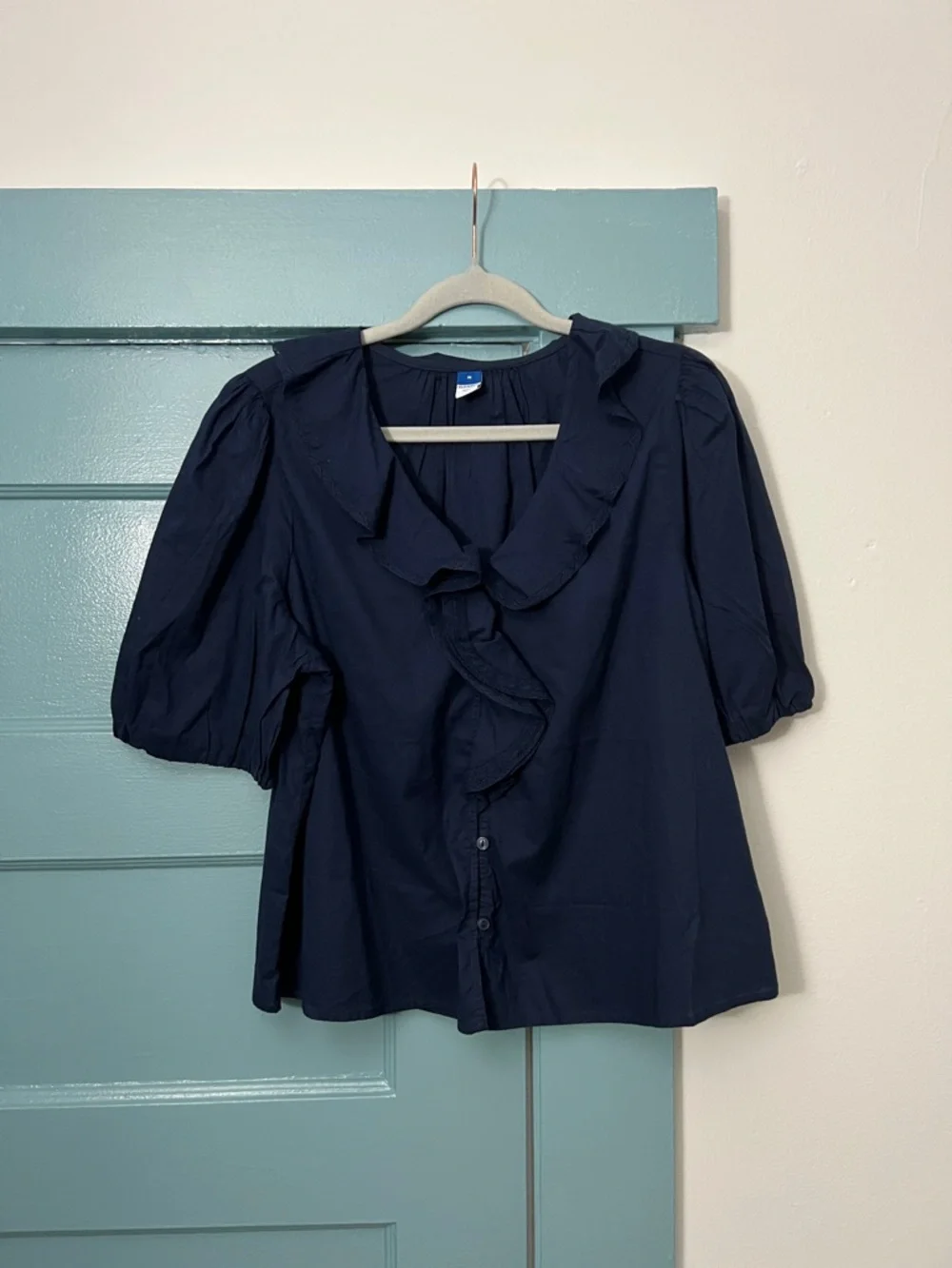 Old Navy Navy Ruffle-Front Puff Sleeve Blouse